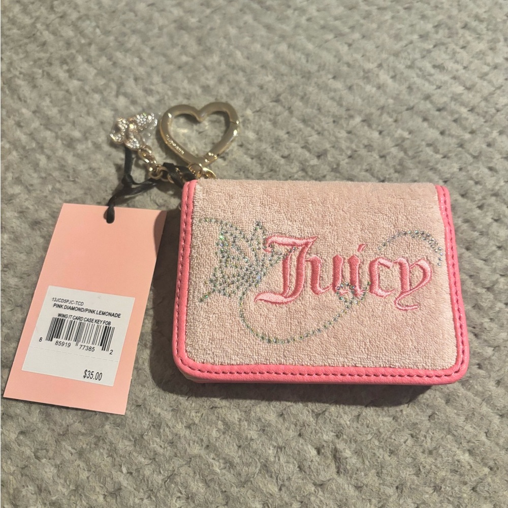 Juicy Couture Light Pink Embroidered Card Holder with Heart Key Charm